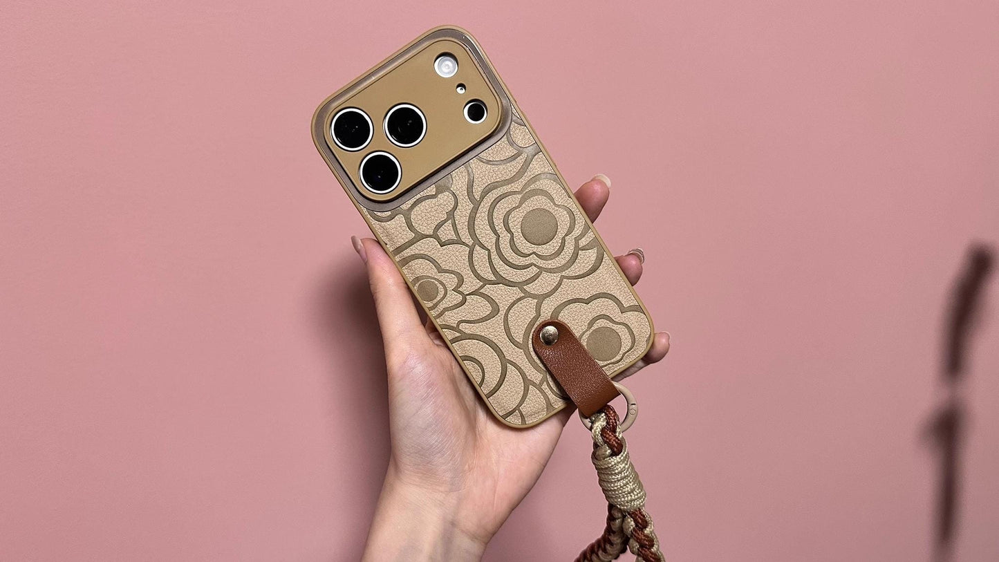 Latte Brown Leather iPhone Case: Floral Kickstand, Bear Charm & Rope Strap