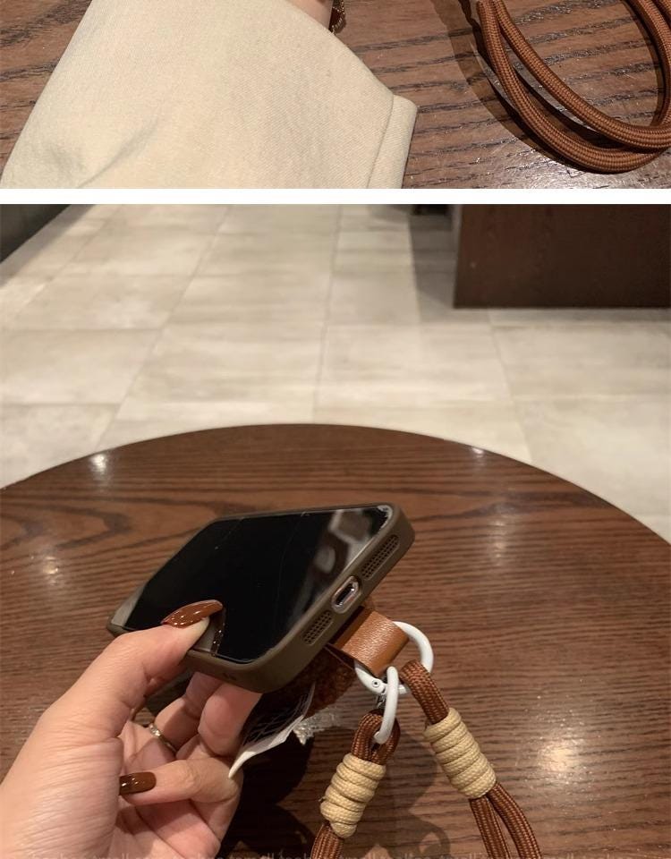 Mocha Brown Plush Heart iPhone 16 Pro Max Case with Rope Strap. Fuzzy Teddy/Sherpa Grip Cover. Cozy Autumn Winter Gift for Her.