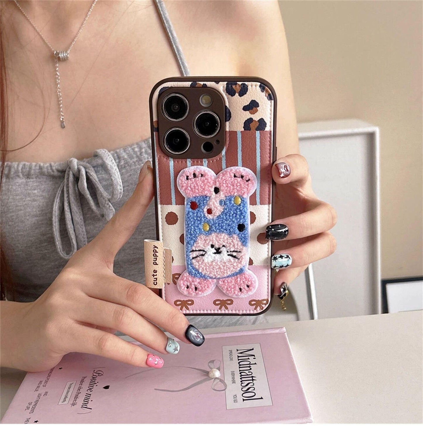 Chenille Handstand Puppy iPhone Case, Kawaii Dog, Cream PU Leather