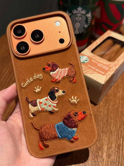 Cute Plush Dachshund iPhone 16 Pro Max Case. Embroidered Sausage Dog Cover. Fuzzy Chenille Puppy Patch. Doxie Mom Gift for iPhone 15 14.