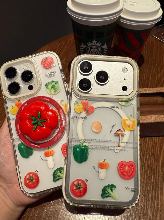 Cute 3D Tomato MagSafe iPhone 16 Pro Max Case. Clear Vegetable Magnetic Kickstand. Red Foodie Grip Cover. Summer Gift for iPhone 15, 13.