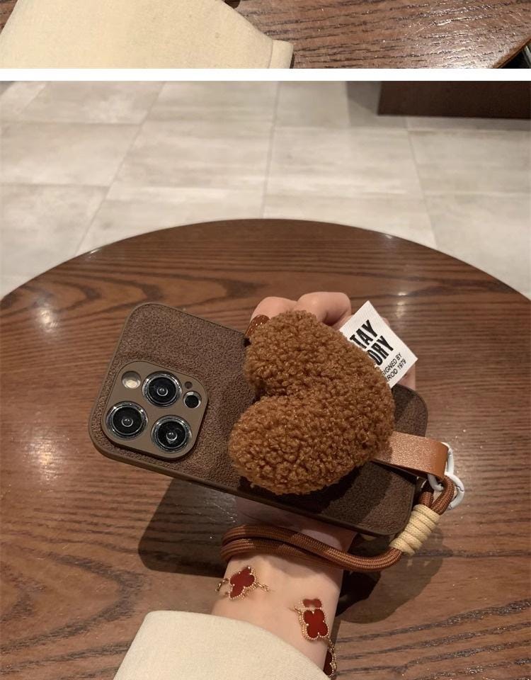 Mocha Brown Plush Heart iPhone 16 Pro Max Case with Rope Strap. Fuzzy Teddy/Sherpa Grip Cover. Cozy Autumn Winter Gift for Her.