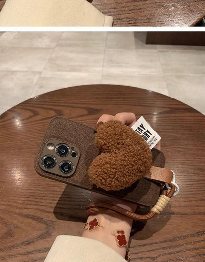 Mocha Brown Plush Heart iPhone 16 Pro Max Case with Rope Strap. Fuzzy Teddy/Sherpa Grip Cover. Cozy Autumn Winter Gift for Her.