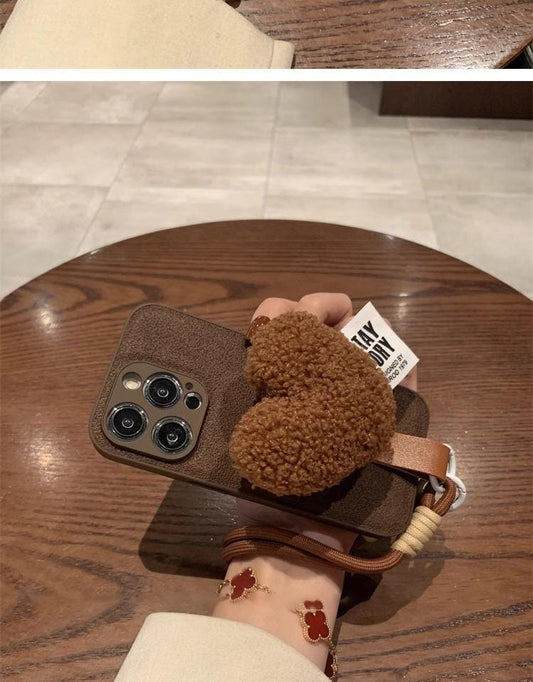 Mocha Brown Plush Heart iPhone 16 Pro Max Case with Rope Strap. Fuzzy Teddy/Sherpa Grip Cover. Cozy Autumn Winter Gift for Her.
