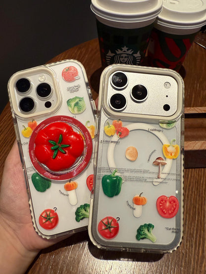 Cute 3D Tomato MagSafe iPhone 16 Pro Max Case. Clear Vegetable Magnetic Kickstand. Red Foodie Grip Cover. Summer Gift for iPhone 15, 13.
