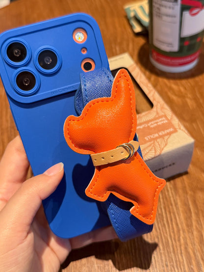 Luxury Orange French Bulldog iPhone 16 Pro Max Case with Wrist Strap. Royal Blue Leather Grip Cover. 3D Puffy Dog Holder. Cute Animal Gift.