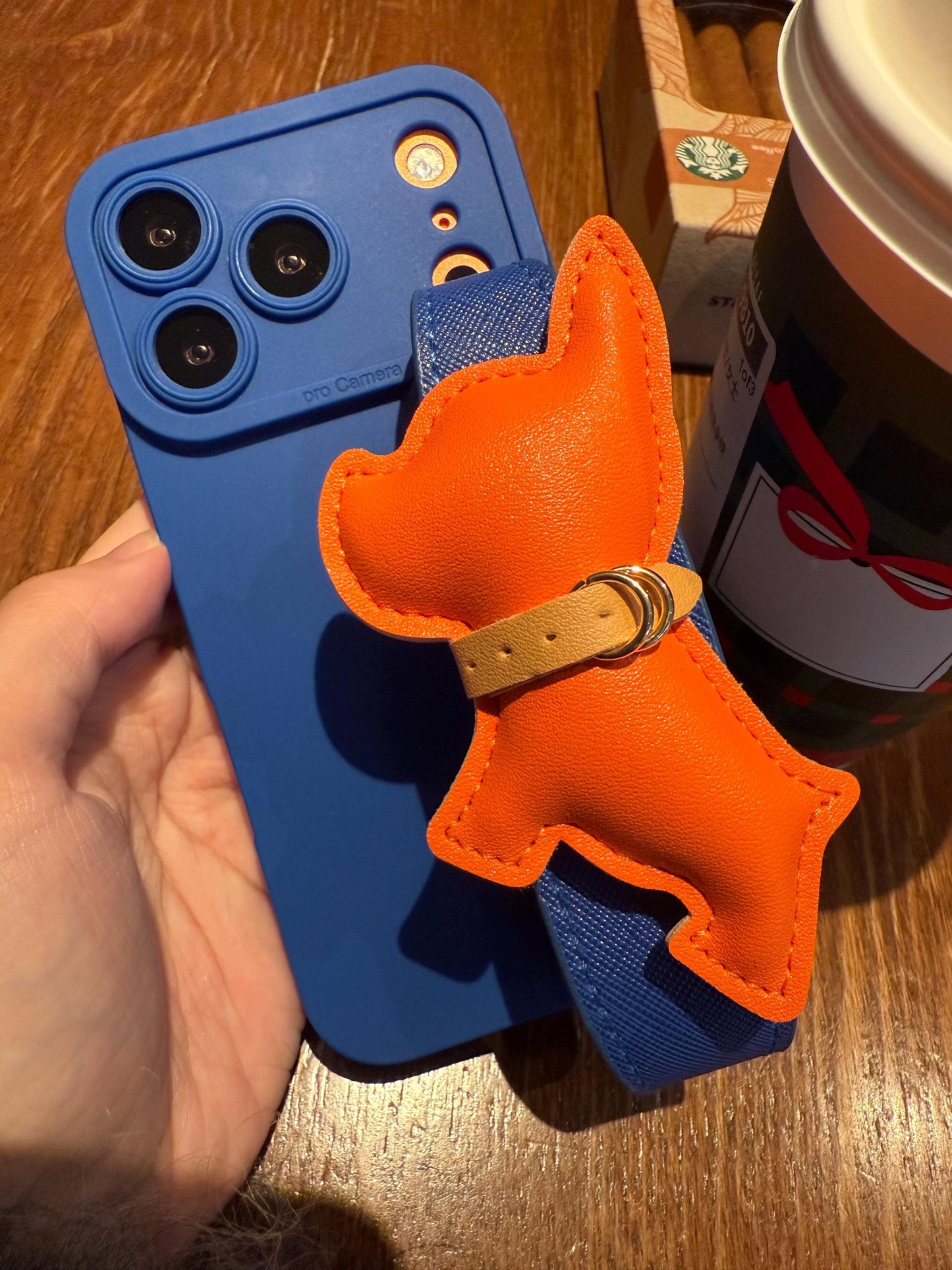 Luxury Orange French Bulldog iPhone 16 Pro Max Case with Wrist Strap. Royal Blue Leather Grip Cover. 3D Puffy Dog Holder. Cute Animal Gift.