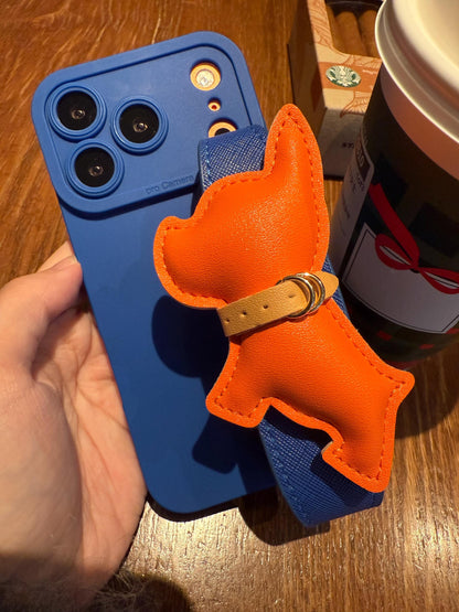 Luxury Orange French Bulldog iPhone 16 Pro Max Case with Wrist Strap. Royal Blue Leather Grip Cover. 3D Puffy Dog Holder. Cute Animal Gift.