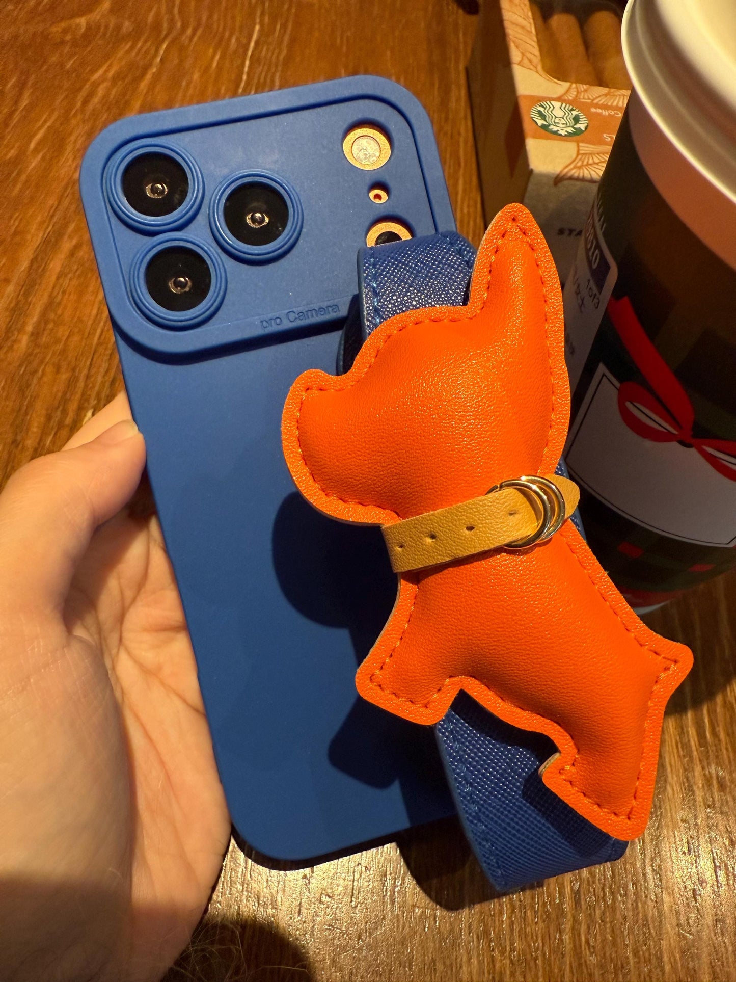 Luxury Orange French Bulldog iPhone 16 Pro Max Case with Wrist Strap. Royal Blue Leather Grip Cover. 3D Puffy Dog Holder. Cute Animal Gift.