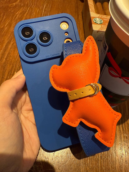 Luxury Orange French Bulldog iPhone 16 Pro Max Case with Wrist Strap. Royal Blue Leather Grip Cover. 3D Puffy Dog Holder. Cute Animal Gift.