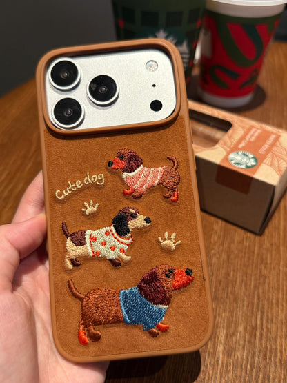 Cute Plush Dachshund iPhone 16 Pro Max Case. Embroidered Sausage Dog Cover. Fuzzy Chenille Puppy Patch. Doxie Mom Gift for iPhone 15 14.