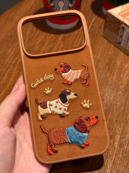 Cute Plush Dachshund iPhone 16 Pro Max Case. Embroidered Sausage Dog Cover. Fuzzy Chenille Puppy Patch. Doxie Mom Gift for iPhone 15 14.