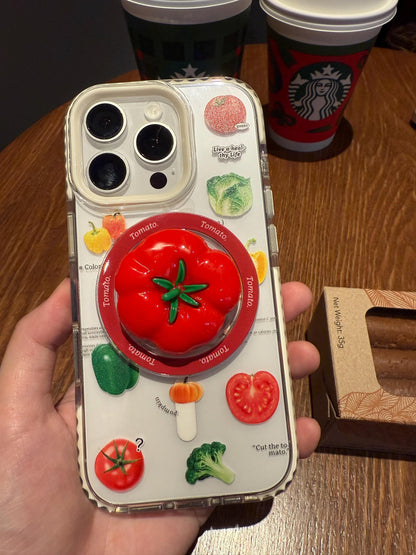Cute 3D Tomato MagSafe iPhone 16 Pro Max Case. Clear Vegetable Magnetic Kickstand. Red Foodie Grip Cover. Summer Gift for iPhone 15, 13.