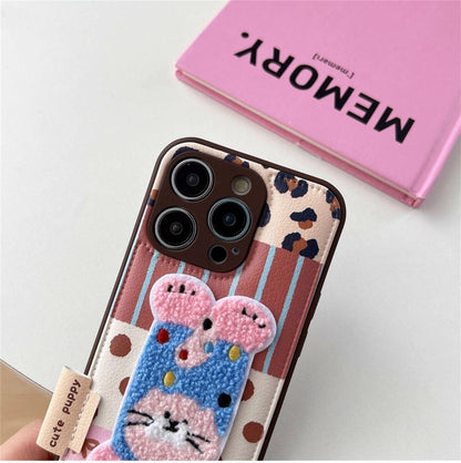 Chenille Handstand Puppy iPhone Case, Kawaii Dog, Cream PU Leather