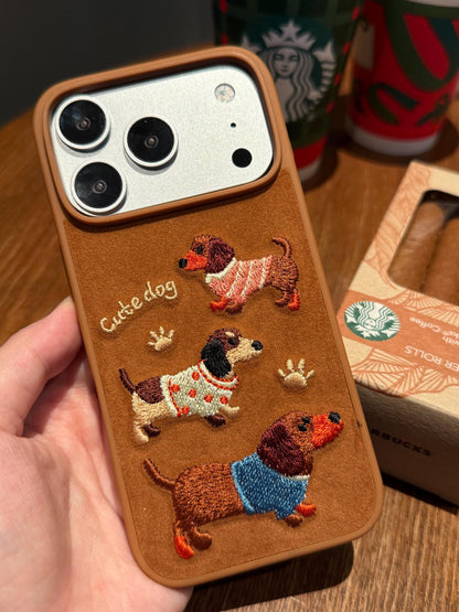 Cute Plush Dachshund iPhone 16 Pro Max Case. Embroidered Sausage Dog Cover. Fuzzy Chenille Puppy Patch. Doxie Mom Gift for iPhone 15 14.