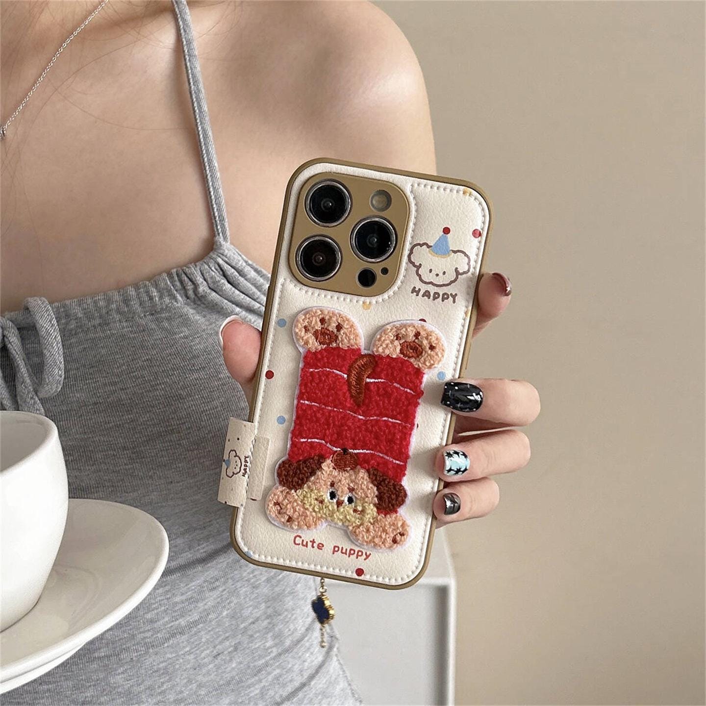 Chenille Handstand Puppy iPhone Case, Kawaii Dog, Cream PU Leather