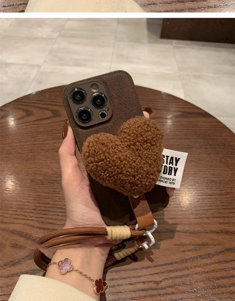 Mocha Brown Plush Heart iPhone 16 Pro Max Case with Rope Strap. Fuzzy Teddy/Sherpa Grip Cover. Cozy Autumn Winter Gift for Her.