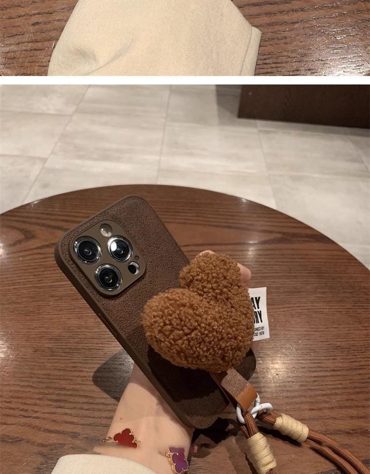 Mocha Brown Plush Heart iPhone 16 Pro Max Case with Rope Strap. Fuzzy Teddy/Sherpa Grip Cover. Cozy Autumn Winter Gift for Her.