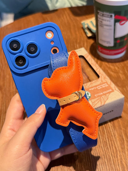 Luxury Orange French Bulldog iPhone 16 Pro Max Case with Wrist Strap. Royal Blue Leather Grip Cover. 3D Puffy Dog Holder. Cute Animal Gift.