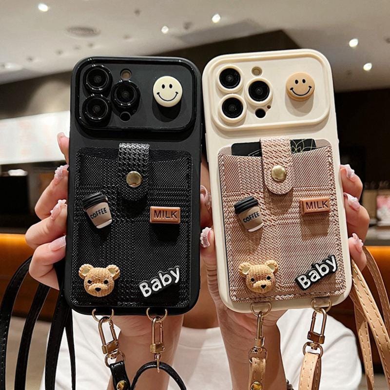 Black Crossbody Wallet iPhone 16 Pro Max Case. 3D Coffee Bear & Milk Charms. Adjustable Leather Strap. Cute Lanyard Card Holder Gift.