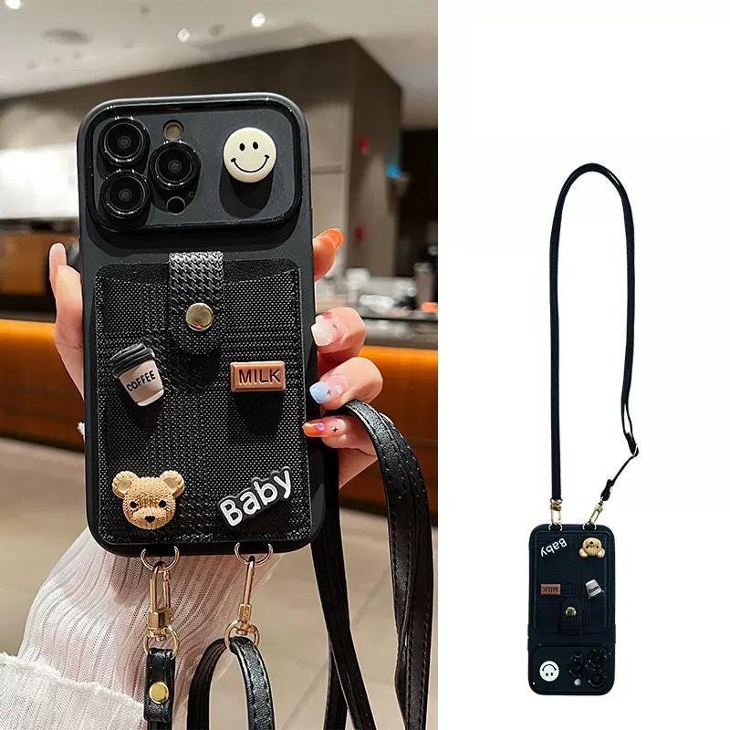 Black Crossbody Wallet iPhone 16 Pro Max Case. 3D Coffee Bear & Milk Charms. Adjustable Leather Strap. Cute Lanyard Card Holder Gift.