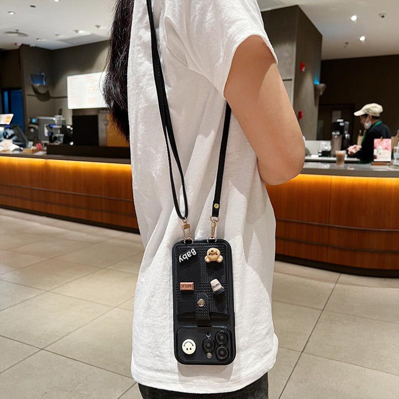 Black Crossbody Wallet iPhone 16 Pro Max Case. 3D Coffee Bear & Milk Charms. Adjustable Leather Strap. Cute Lanyard Card Holder Gift.