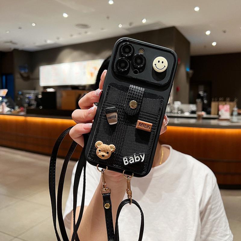 Black Crossbody Wallet iPhone 16 Pro Max Case. 3D Coffee Bear & Milk Charms. Adjustable Leather Strap. Cute Lanyard Card Holder Gift.