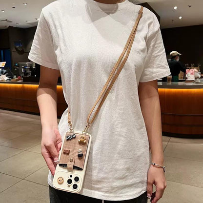 Black Crossbody Wallet iPhone 16 Pro Max Case. 3D Coffee Bear & Milk Charms. Adjustable Leather Strap. Cute Lanyard Card Holder Gift.