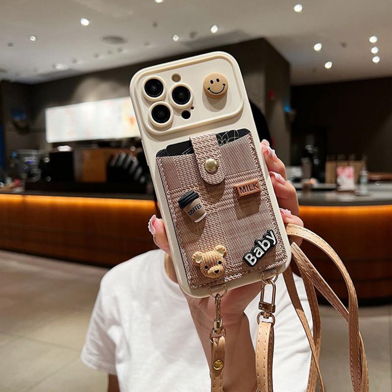 Black Crossbody Wallet iPhone 16 Pro Max Case. 3D Coffee Bear & Milk Charms. Adjustable Leather Strap. Cute Lanyard Card Holder Gift.