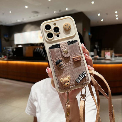 Black Crossbody Wallet iPhone 16 Pro Max Case. 3D Coffee Bear & Milk Charms. Adjustable Leather Strap. Cute Lanyard Card Holder Gift.