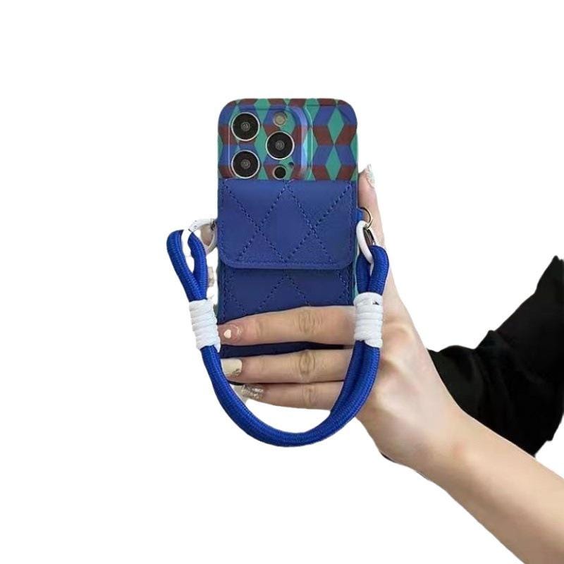 Blue Geometric Crossbody iPhone 16 Pro Max Case. Quilted Wallet Card Holder. Luxury Phone Purse with Rope Strap for iPhone 15, 14, 13.