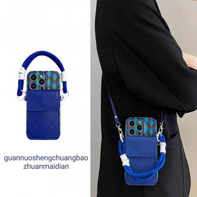 Blue Geometric Crossbody iPhone 16 Pro Max Case. Quilted Wallet Card Holder. Luxury Phone Purse with Rope Strap for iPhone 15, 14, 13.