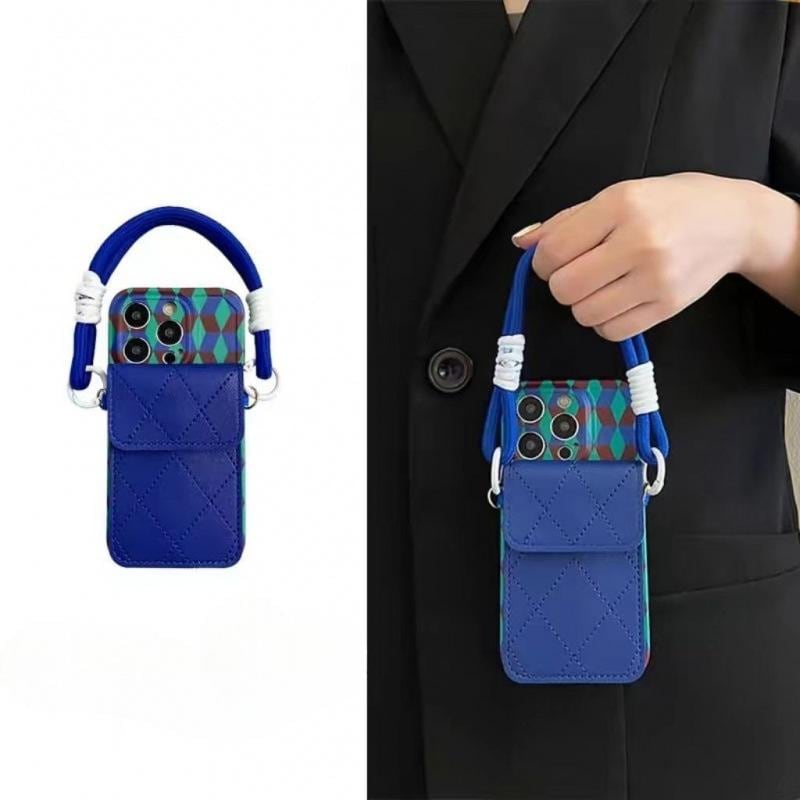 Blue Geometric Crossbody iPhone 16 Pro Max Case. Quilted Wallet Card Holder. Luxury Phone Purse with Rope Strap for iPhone 15, 14, 13.
