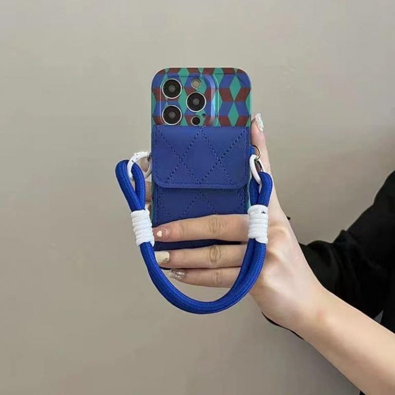 Blue Geometric Crossbody iPhone 16 Pro Max Case. Quilted Wallet Card Holder. Luxury Phone Purse with Rope Strap for iPhone 15, 14, 13.