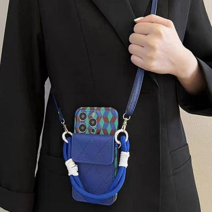 Blue Geometric Crossbody iPhone 16 Pro Max Case. Quilted Wallet Card Holder. Luxury Phone Purse with Rope Strap for iPhone 15, 14, 13.
