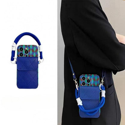 Blue Geometric Crossbody iPhone 16 Pro Max Case. Quilted Wallet Card Holder. Luxury Phone Purse with Rope Strap for iPhone 15, 14, 13.