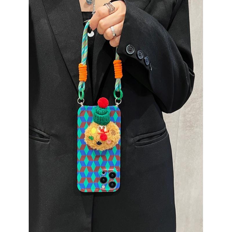 Blue Green Geometric Crossbody iPhone 16 Pro Max Case. 3D Plush Cookie Grip Stand. Colorful Rope Strap Lanyard. Cute Winter Gift.