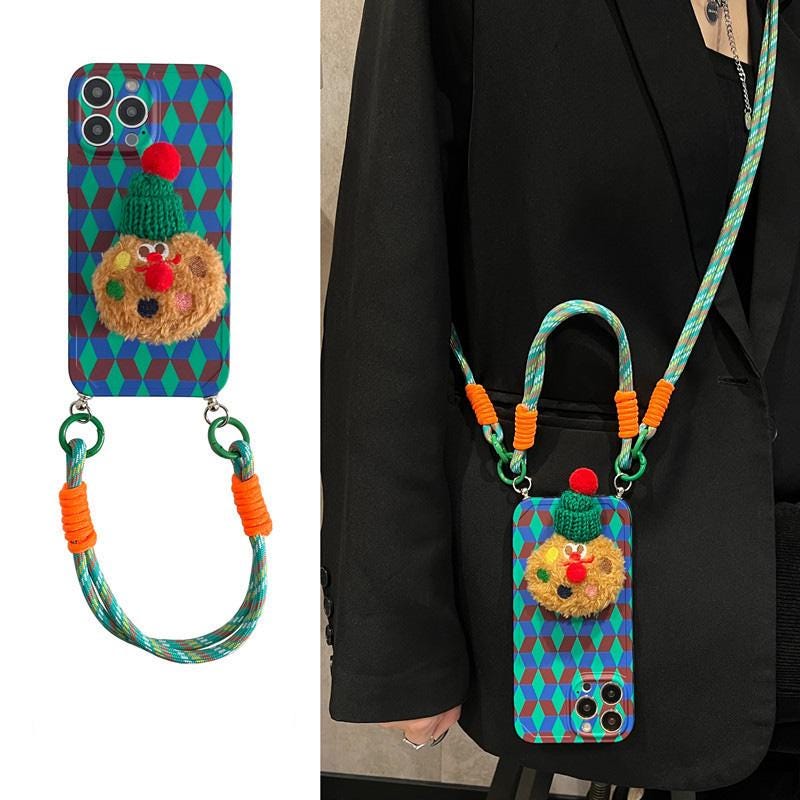 Blue Green Geometric Crossbody iPhone 16 Pro Max Case. 3D Plush Cookie Grip Stand. Colorful Rope Strap Lanyard. Cute Winter Gift.
