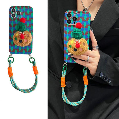 Blue Green Geometric Crossbody iPhone 16 Pro Max Case. 3D Plush Cookie Grip Stand. Colorful Rope Strap Lanyard. Cute Winter Gift.