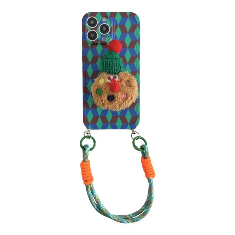 Blue Green Geometric Crossbody iPhone 16 Pro Max Case. 3D Plush Cookie Grip Stand. Colorful Rope Strap Lanyard. Cute Winter Gift.