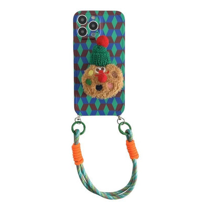 Blue Green Geometric Crossbody iPhone 16 Pro Max Case. 3D Plush Cookie Grip Stand. Colorful Rope Strap Lanyard. Cute Winter Gift.