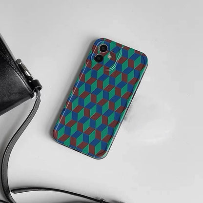 Blue Green Geometric Crossbody iPhone 16 Pro Max Case. 3D Plush Cookie Grip Stand. Colorful Rope Strap Lanyard. Cute Winter Gift.