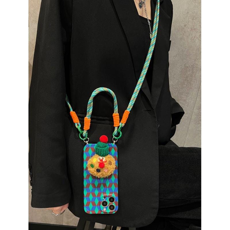 Blue Green Geometric Crossbody iPhone 16 Pro Max Case. 3D Plush Cookie Grip Stand. Colorful Rope Strap Lanyard. Cute Winter Gift.