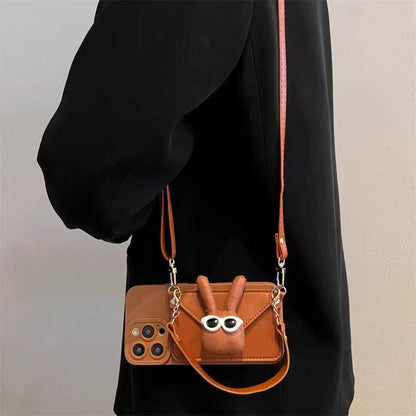 Caramel Brown Bunny Crossbody iPhone 16 Pro Max Case. Cute 3D Rabbit Wallet with Glasses. Leather Strap Coin Purse Lanyard. Funny Gift.