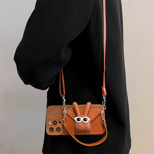 Caramel Brown Bunny Crossbody iPhone 16 Pro Max Case. Cute 3D Rabbit Wallet with Glasses. Leather Strap Coin Purse Lanyard. Funny Gift.