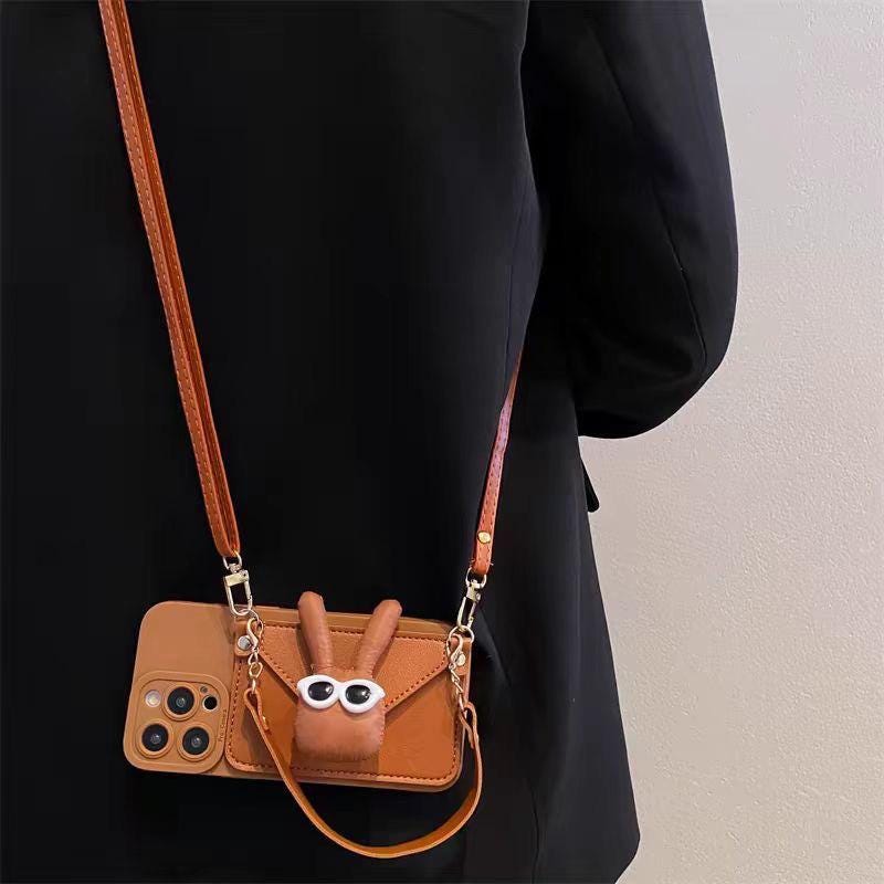 Caramel Brown Bunny Crossbody iPhone 16 Pro Max Case. Cute 3D Rabbit Wallet with Glasses. Leather Strap Coin Purse Lanyard. Funny Gift.