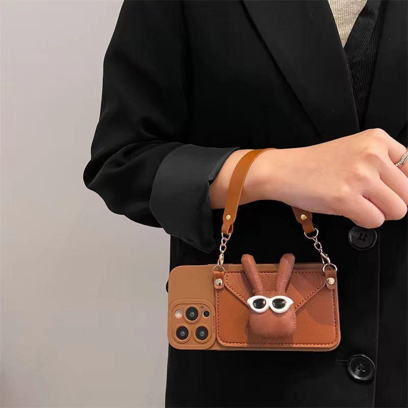 Caramel Brown Bunny Crossbody iPhone 16 Pro Max Case. Cute 3D Rabbit Wallet with Glasses. Leather Strap Coin Purse Lanyard. Funny Gift.