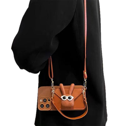 Caramel Brown Bunny Crossbody iPhone 16 Pro Max Case. Cute 3D Rabbit Wallet with Glasses. Leather Strap Coin Purse Lanyard. Funny Gift.