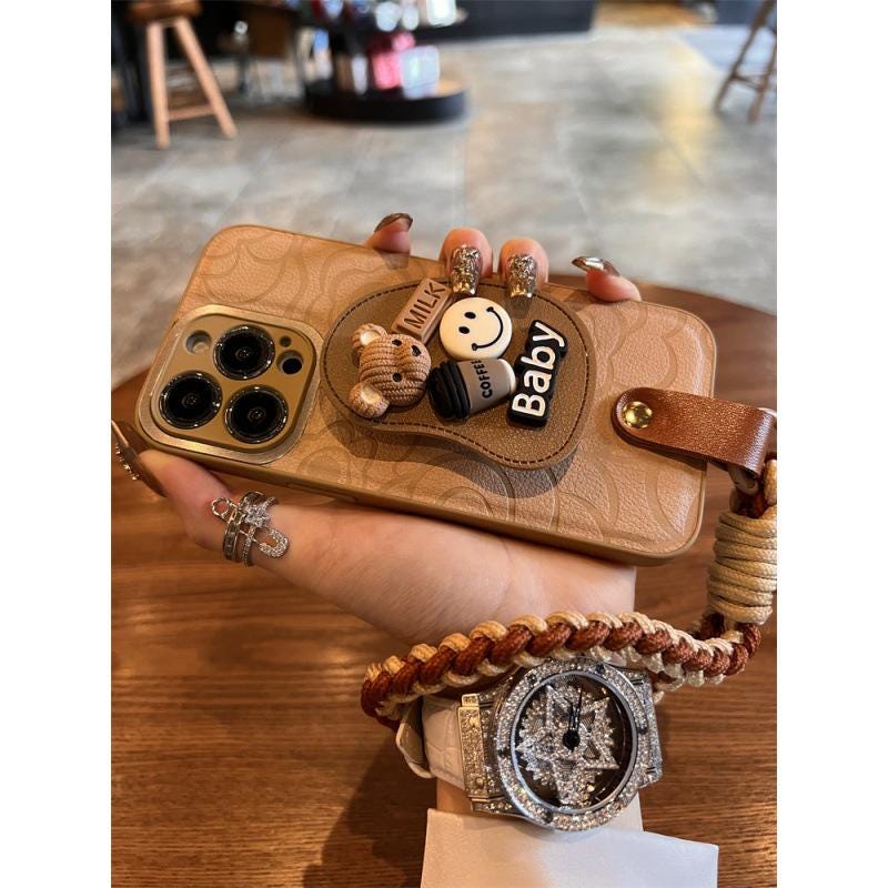Latte Brown Leather iPhone Case: Floral Kickstand, Bear Charm & Rope Strap