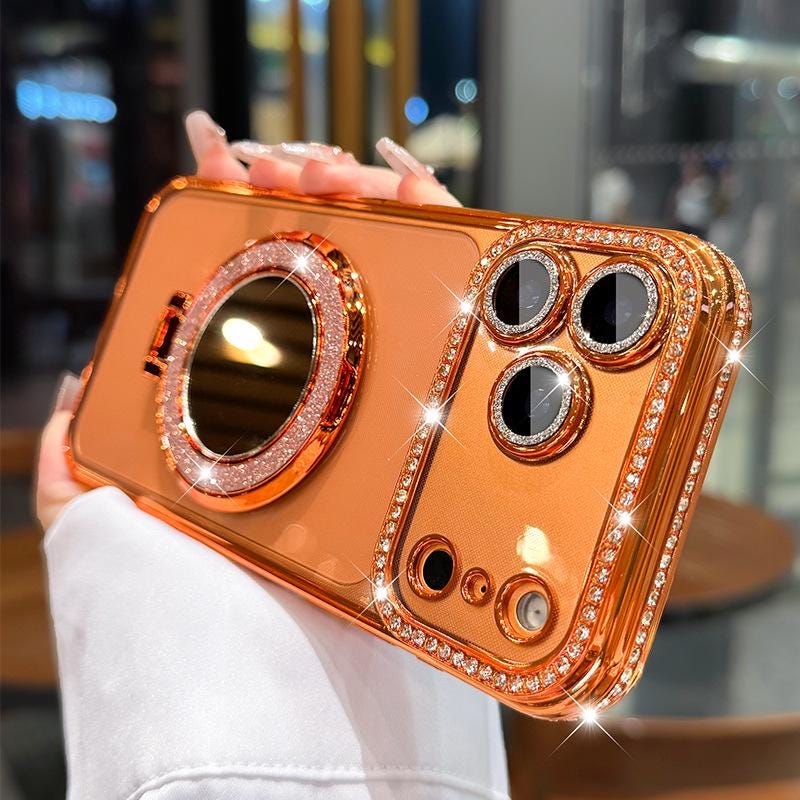Luxury Rhinestone MagSafe Mirror iPhone 16 Pro Max Case. Glitter Diamond Kickstand Cover. Bling Crystal Makeup Mirror. Glam Gift for Her.